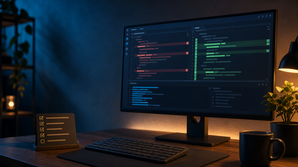 Abstract developer workstation with terminal diff panels, before and after change markers, and a checklist for separating existing local edits from Claude Code changes