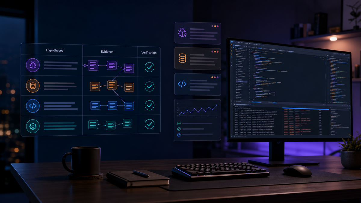 Abstract developer workstation with debugging hypotheses, evidence panels, terminal checks, and a verification grid