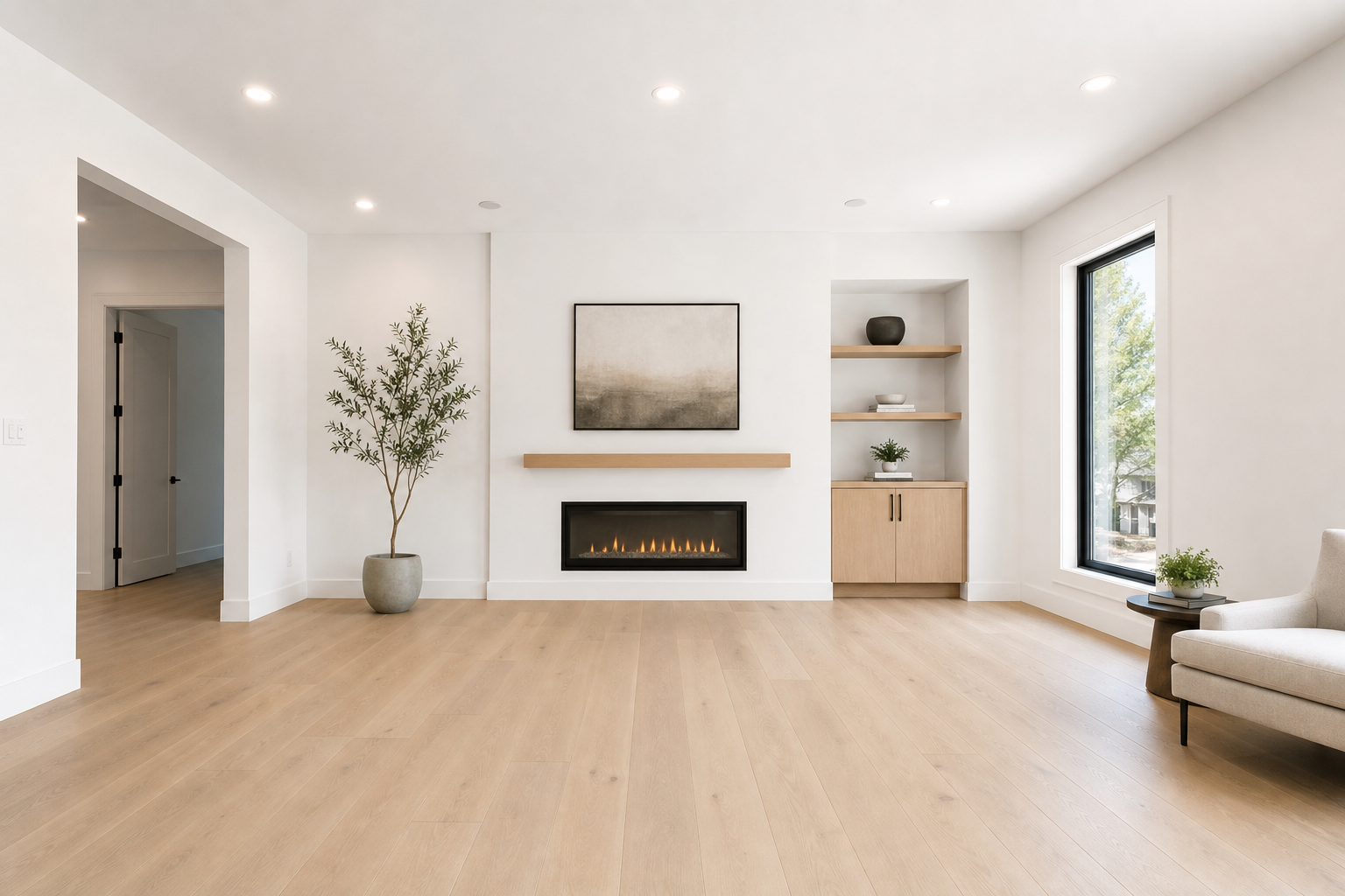 Foundation layer: minimalist living room with white walls, oak floor, recessed ceiling lights
