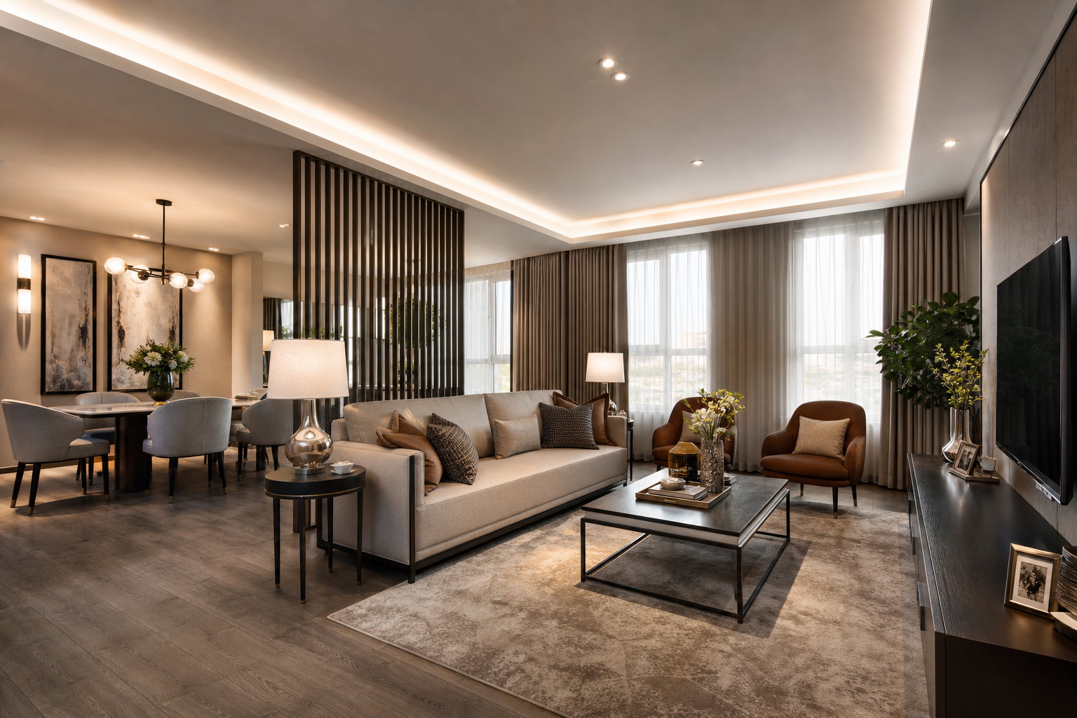 Structure layer: elegant living room with curtains, area rug and pendant lighting