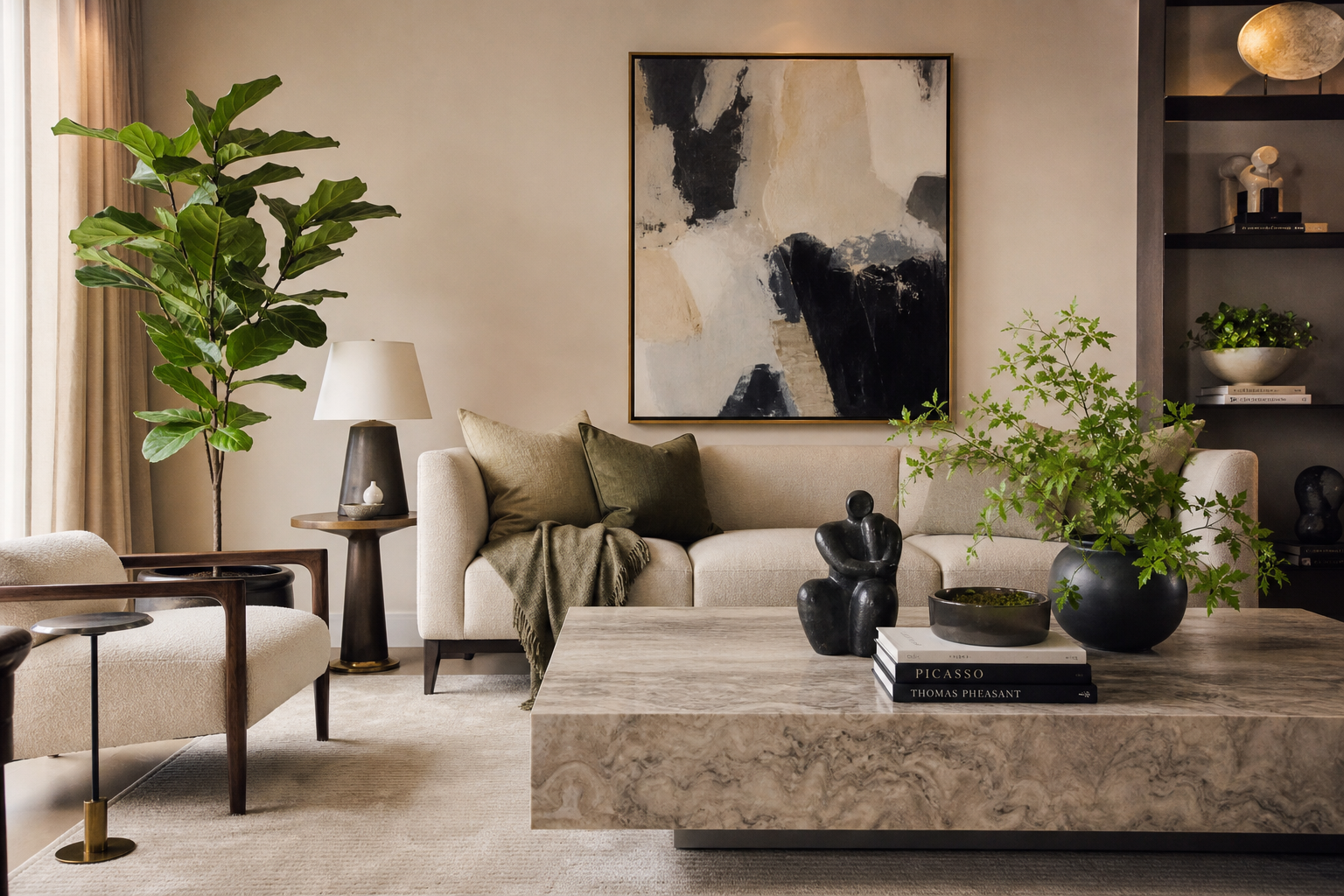 Accent layer: curated living room with art, throw pillows and indoor plants