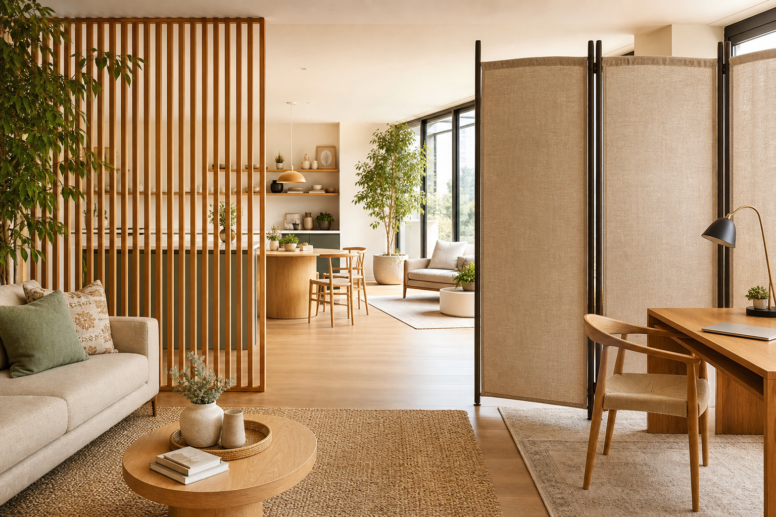 Flexible room dividers add visual boundaries without closing off an open plan.