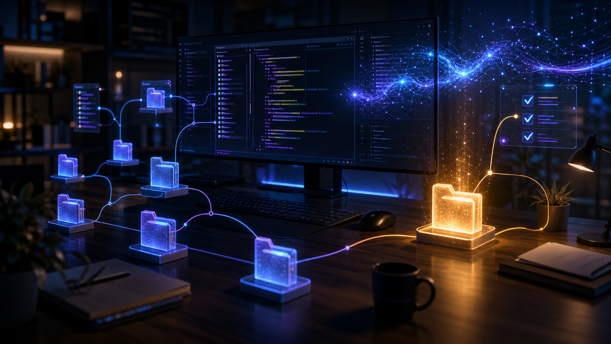 Abstract developer workstation with one correct repository highlighted among multiple project folders, terminal checks, code editor, and verification marks