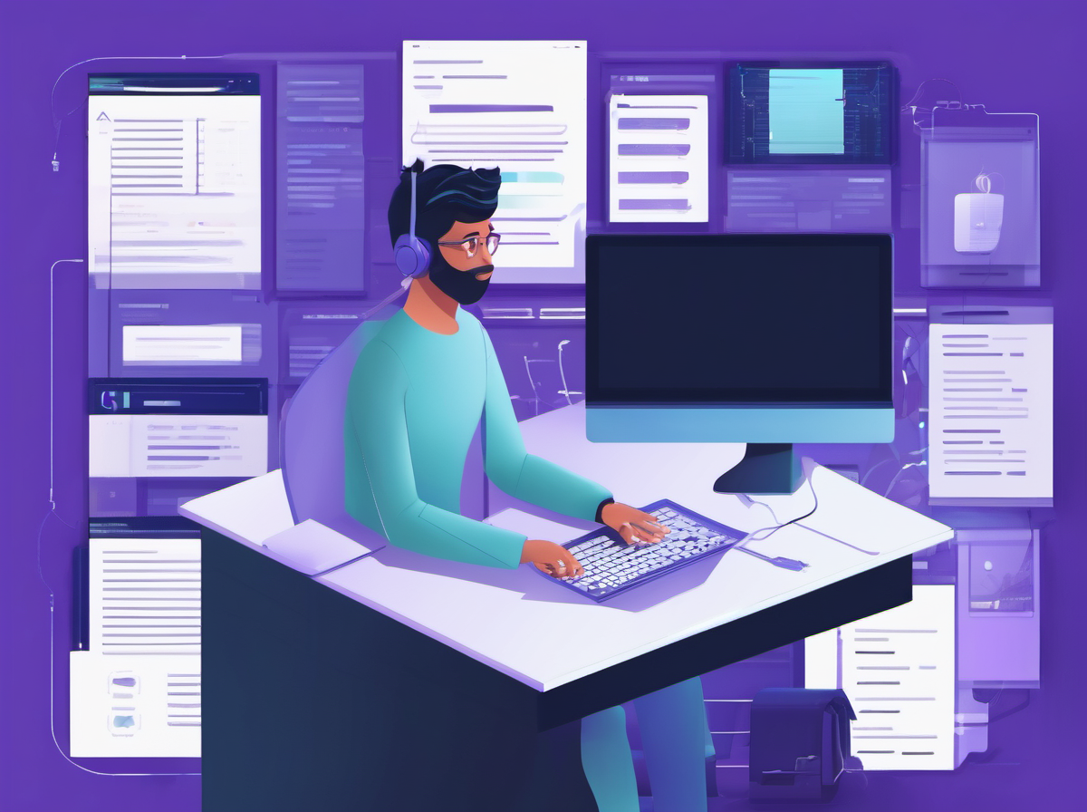 Abstract developer workspace with highlighted source file and verification loop