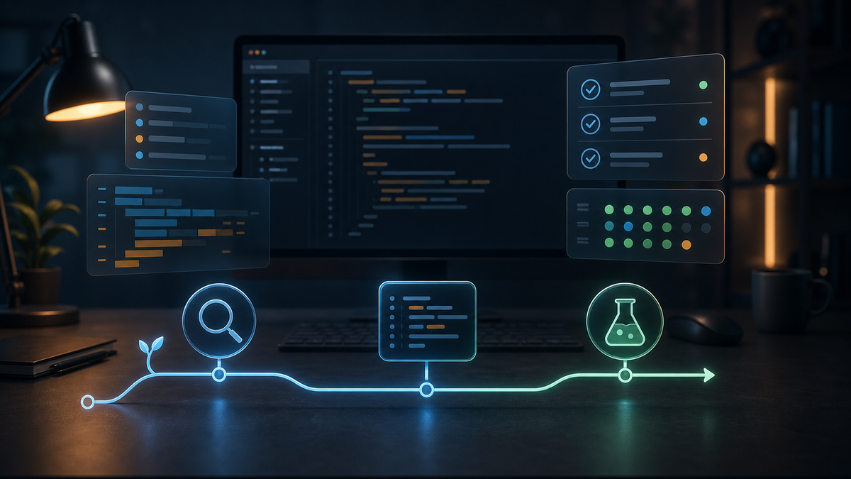 Editorial illustration of a developer using Claude Code to implement a small feature through inspection, tests, logs, and git diff verification.