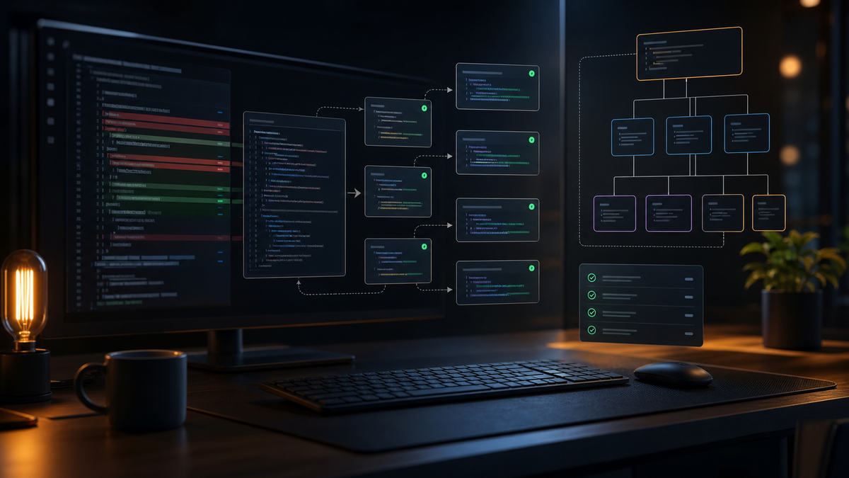 Abstract developer workstation with modular code panels, diff highlights, and test indicators for a safe refactoring workflow.