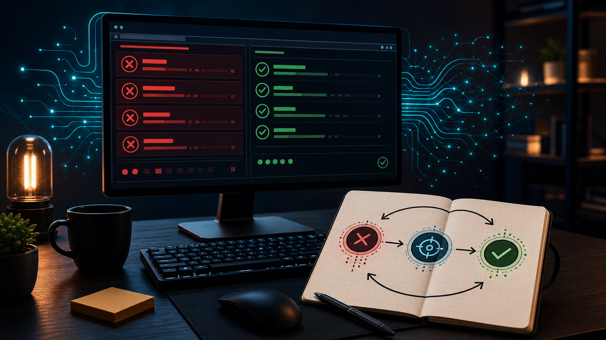 Editorial illustration of a failed check becoming a focused Claude Code prompt and a verified second pass.