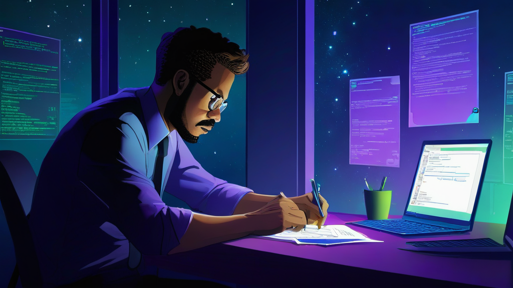 Editorial illustration of an AI coding assistant turning a git diff and test results into a structured commit message for code review.