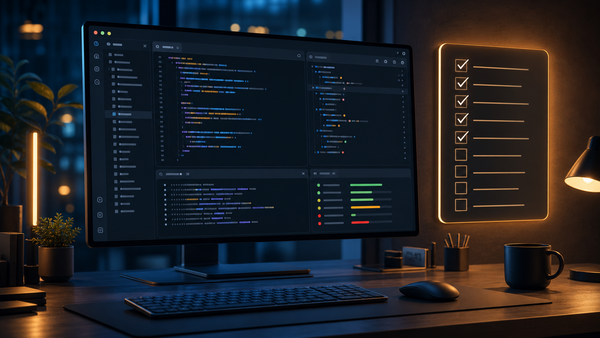 Abstract developer workstation with code editor, terminal checks, and a visual acceptance checklist