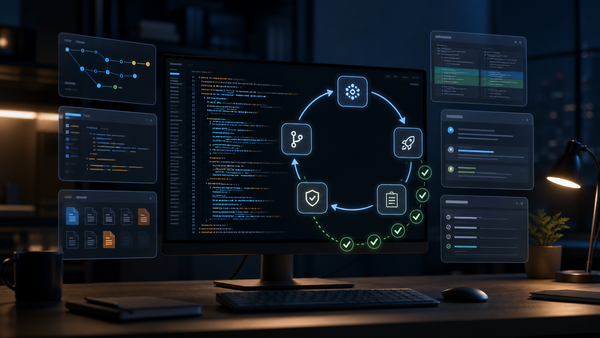 Abstract developer workstation with deployment pipeline, terminal logs, code panels, and verification loop