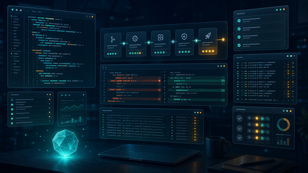 Abstract software release checklist with terminal logs, CI pipeline cards, git diff panels, and verification signals on a dark developer workstation