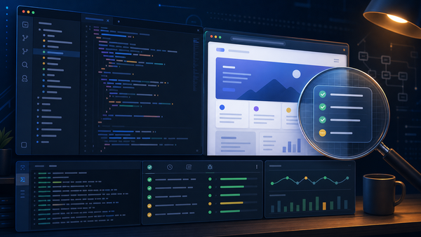 Abstract developer workstation showing code, terminal logs, tests, and a browser preview being verified