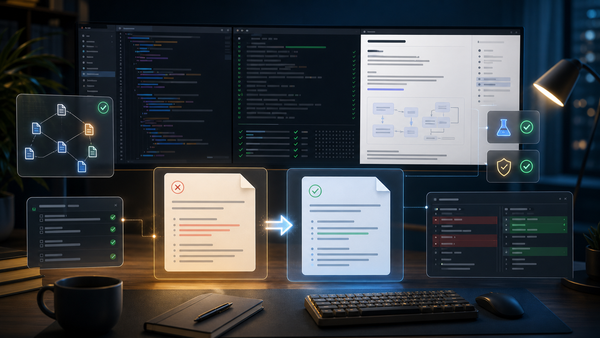 Editorial illustration of a developer using Claude Code to verify terminal commands and update a project README from real repository evidence.