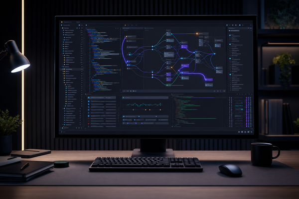 Developer workstation showing evidence trails through an unfamiliar codebase, terminal checks, and file graph.