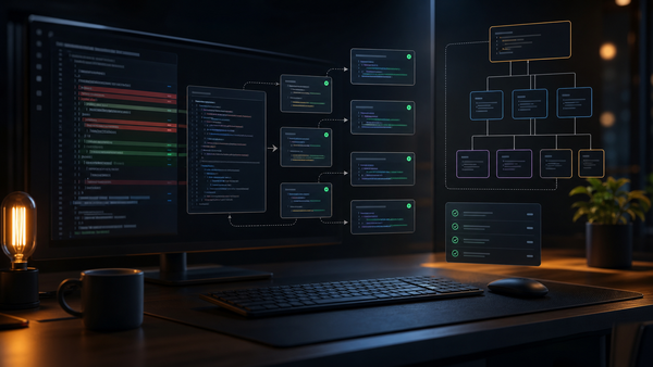 Abstract developer workstation with modular code panels, diff highlights, and test indicators for a safe refactoring workflow.