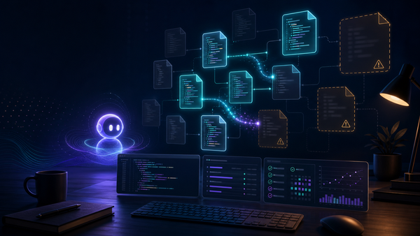 Abstract developer workspace showing inspected code panels and dimmed unread files connected to evidence checkpoints and terminal verification signals