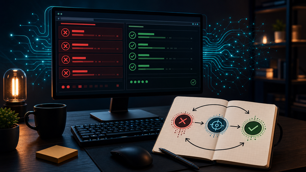 Editorial illustration of a failed check becoming a focused Claude Code prompt and a verified second pass.