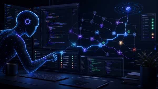 Abstract AI coding assistant tracing changed code through evidence checkpoints, tests, logs, and review markers on a dark developer workstation