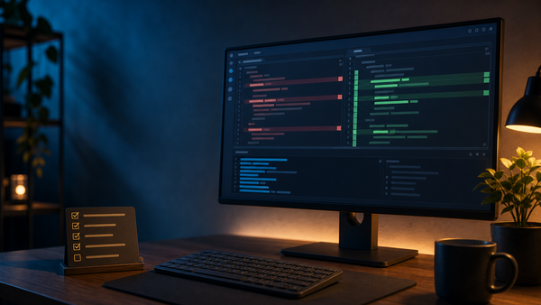 Abstract developer workstation with terminal diff panels, before and after change markers, and a checklist for separating existing local edits from Claude Code changes