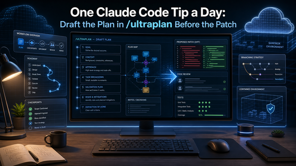 Editorial illustration of a developer planning a Claude Code change with review checkpoints before applying a patch.