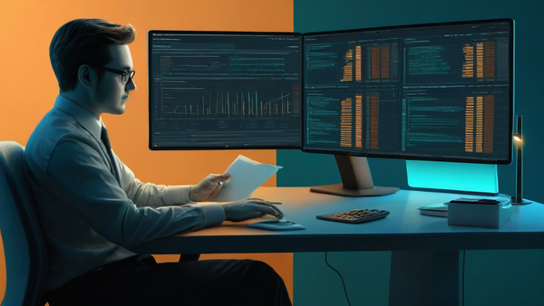 Editorial illustration of a developer and AI coding assistant maintaining a structured decision log beside a code diff and test results.