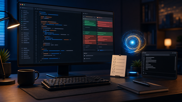Abstract code review workstation with git diff and rollback checklist