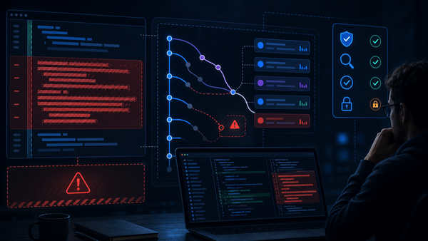 Abstract developer workstation reviewing high-risk code deletions with verification checklist