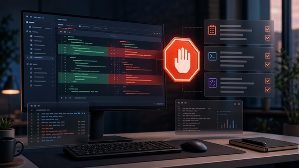 Abstract developer workstation with code diff, stop marker, verification checklist, and terminal windows