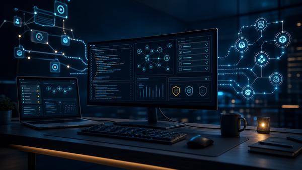 Abstract developer workstation showing audited tool connections and verification gates