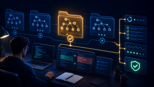 Abstract developer workstation with repository maps, terminal checks, git diff panels, and one highlighted proof path