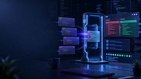 Abstract developer workstation with pending patch cards, diff review panels, and a verification checkpoint gate