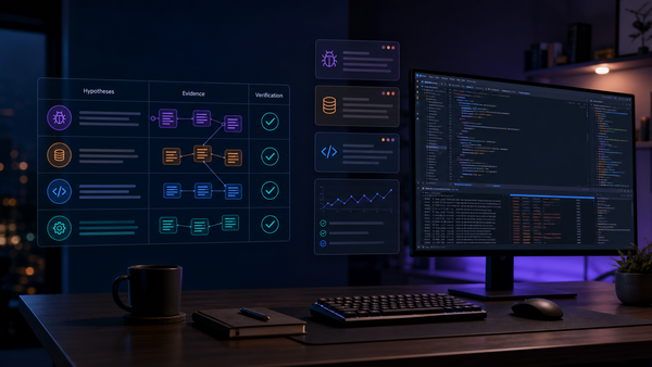 Abstract developer workstation with debugging hypotheses, evidence panels, terminal checks, and a verification grid